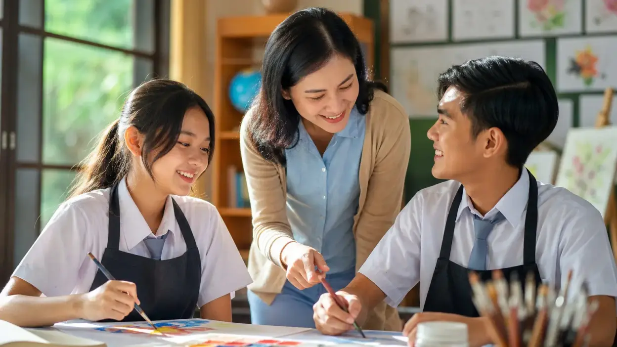 Konselor sekolah Indonesia berdiskusi dengan siswa tentang minat belajar dan rencana karier di meja belajar