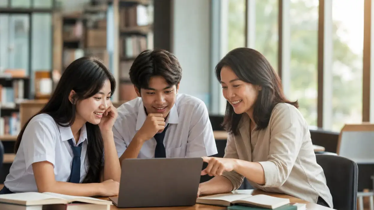 Siswa SMA belajar di depan laptop dengan catatan tertulis, menggambarkan gaya belajar digital yang fokus di era AI