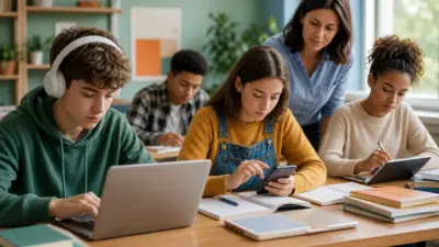 Remaja belajar dengan perangkat digital di meja belajar sambil mengatur notifikasi untuk meningkatkan fokus belajar