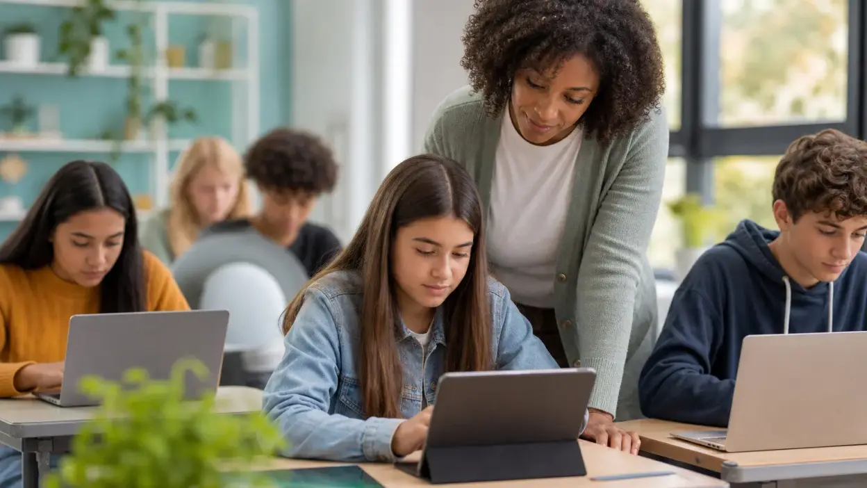 Siswa belajar dengan perangkat digital di kelas modern menunjukkan gaya belajar digital dan pembentukan karakter