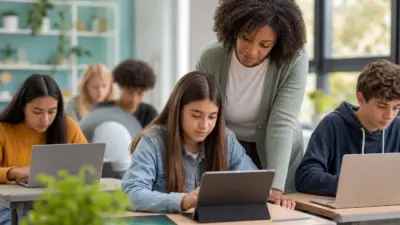 Siswa belajar dengan perangkat digital di kelas modern menunjukkan gaya belajar digital dan pembentukan karakter