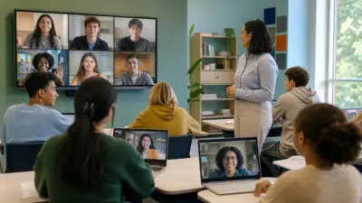 Siswa SMA mengikuti kelas hybrid antarnegara dengan laptop dan diskusi kolaboratif menyesuaikan gaya belajar