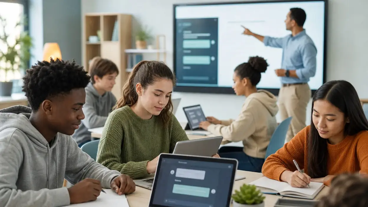 Siswa SMP dan SMA belajar dengan laptop dan buku di era AI dengan guru membimbing, menunjukkan gaya belajar yang aktif dan kritis
