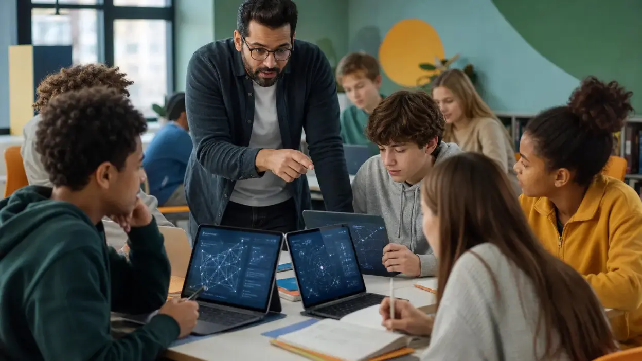 Guru membimbing siswa SMA dengan laptop dan catatan tangan di kelas digital untuk mendukung gaya belajar yang seimbang di era AI