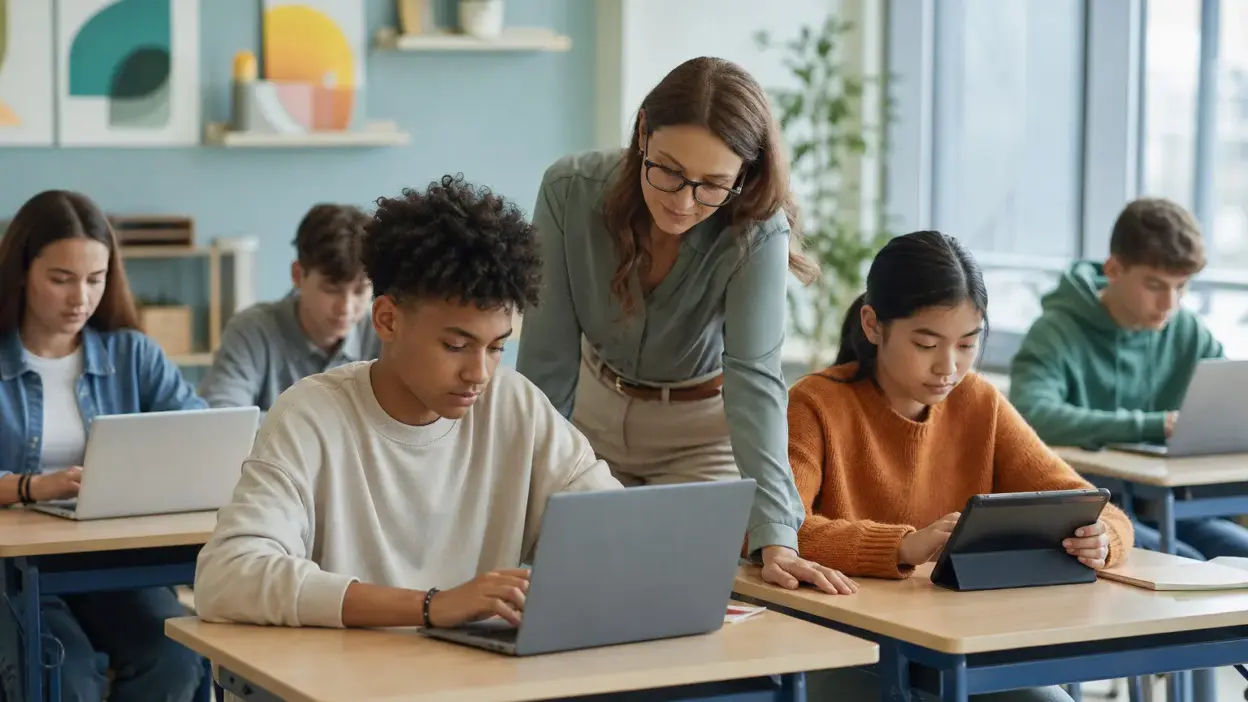Siswa belajar menggunakan laptop di kelas digital era AI dengan gaya belajar yang terarah