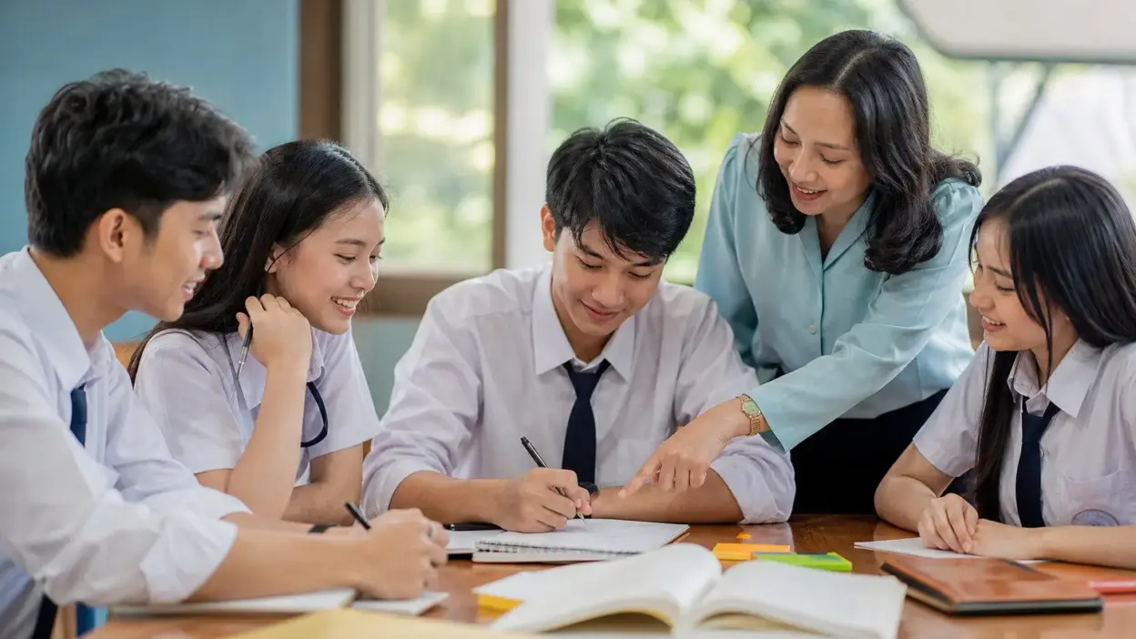 Siswa SMA dan guru mengamati tulisan tangan di buku catatan untuk memahami potensi diri dan pilihan kegiatan ekstrakurikuler menggunakan grafologi siswa