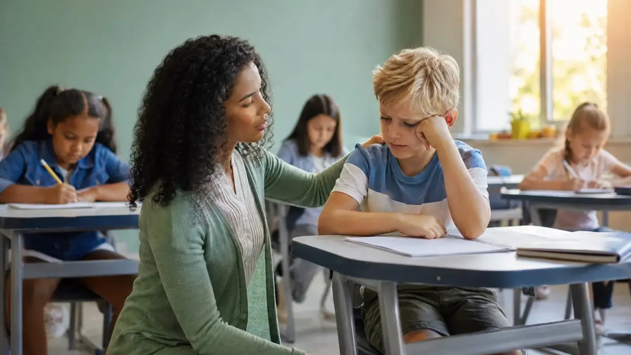 Guru SD mendengarkan curhat siswa di kelas dalam suasana belajar yang aman untuk mendukung kesehatan mental siswa dan pencegahan bullying
