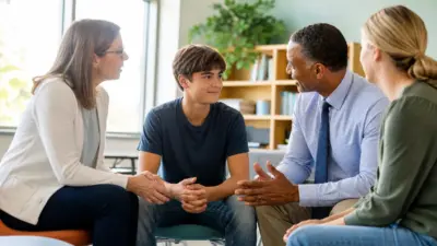 Guru, konselor, dan orang tua berdiskusi hangat dengan seorang siswa di kelas untuk mendukung kesehatan mental siswa