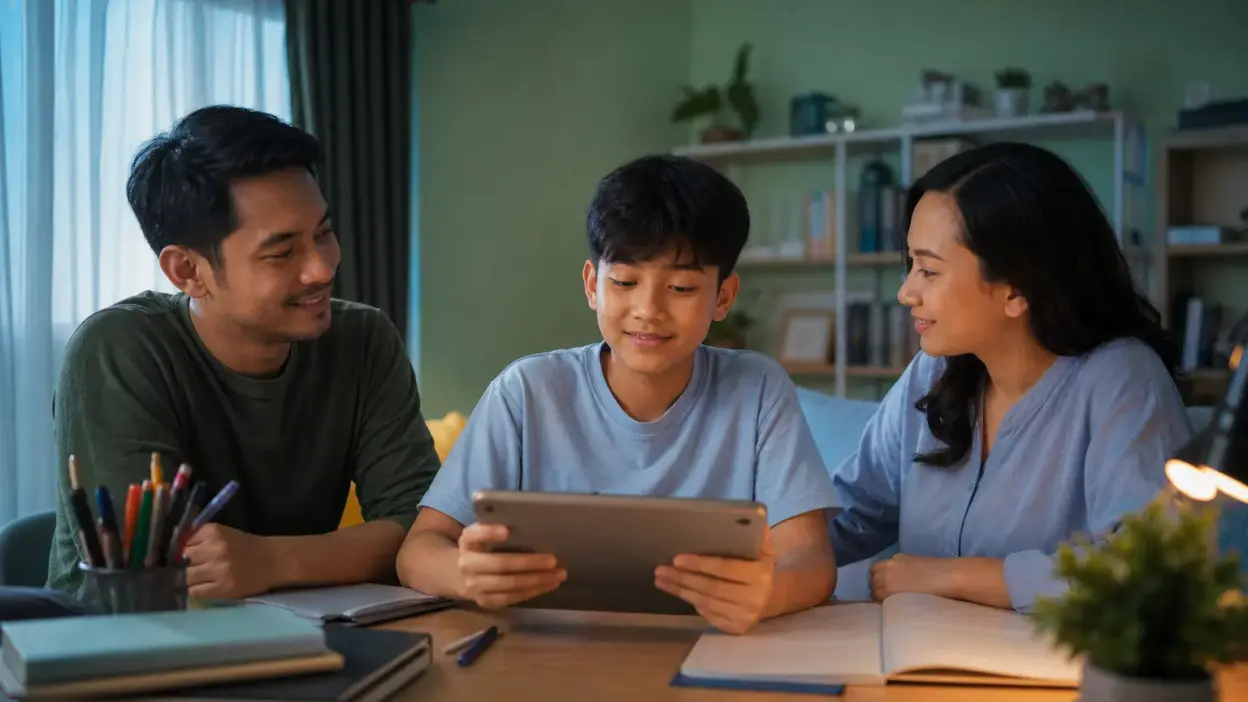 Orang tua mendengarkan anak belajar sambil mengatur penggunaan gawai untuk mendukung kesehatan mental siswa di era digital