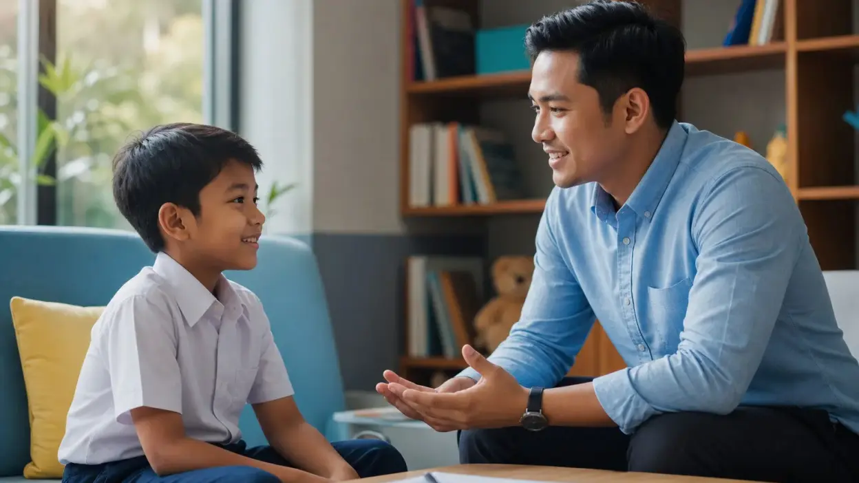 Guru SD berbicara dengan siswa secara hangat di kelas yang tenang untuk mendukung kesehatan mental siswa