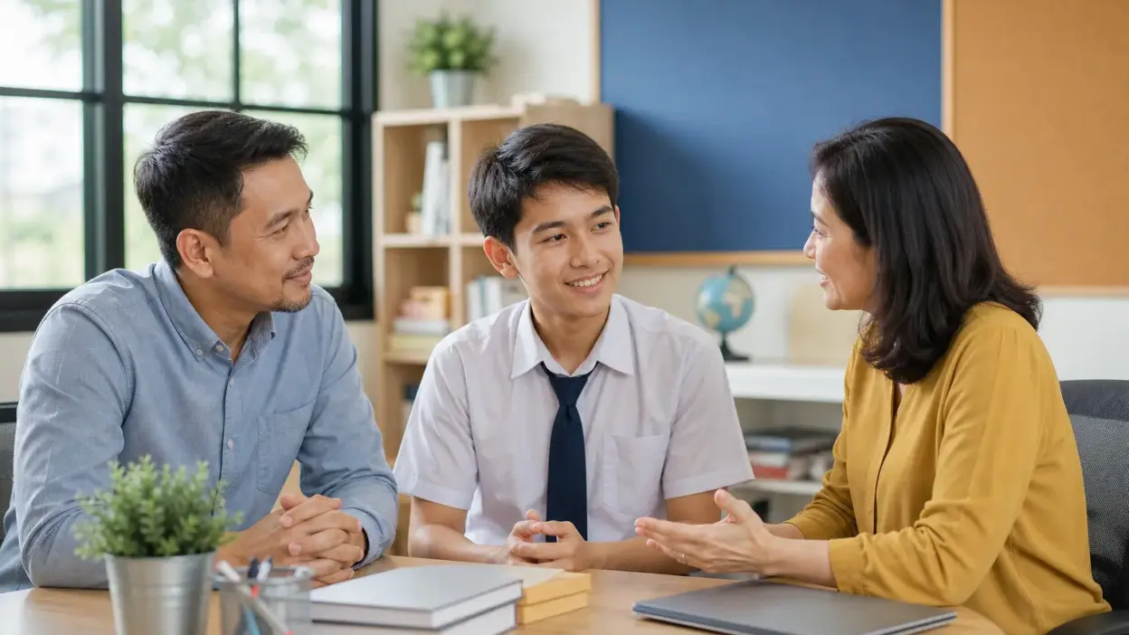 Guru dan orang tua berdiskusi di ruang sekolah tentang kesehatan mental siswa dalam suasana tenang