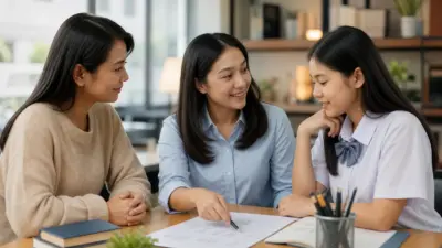 Guru Indonesia membimbing beberapa siswa yang sedang mengerjakan tugas tulisan tangan di kelas terang bernuansa lembut