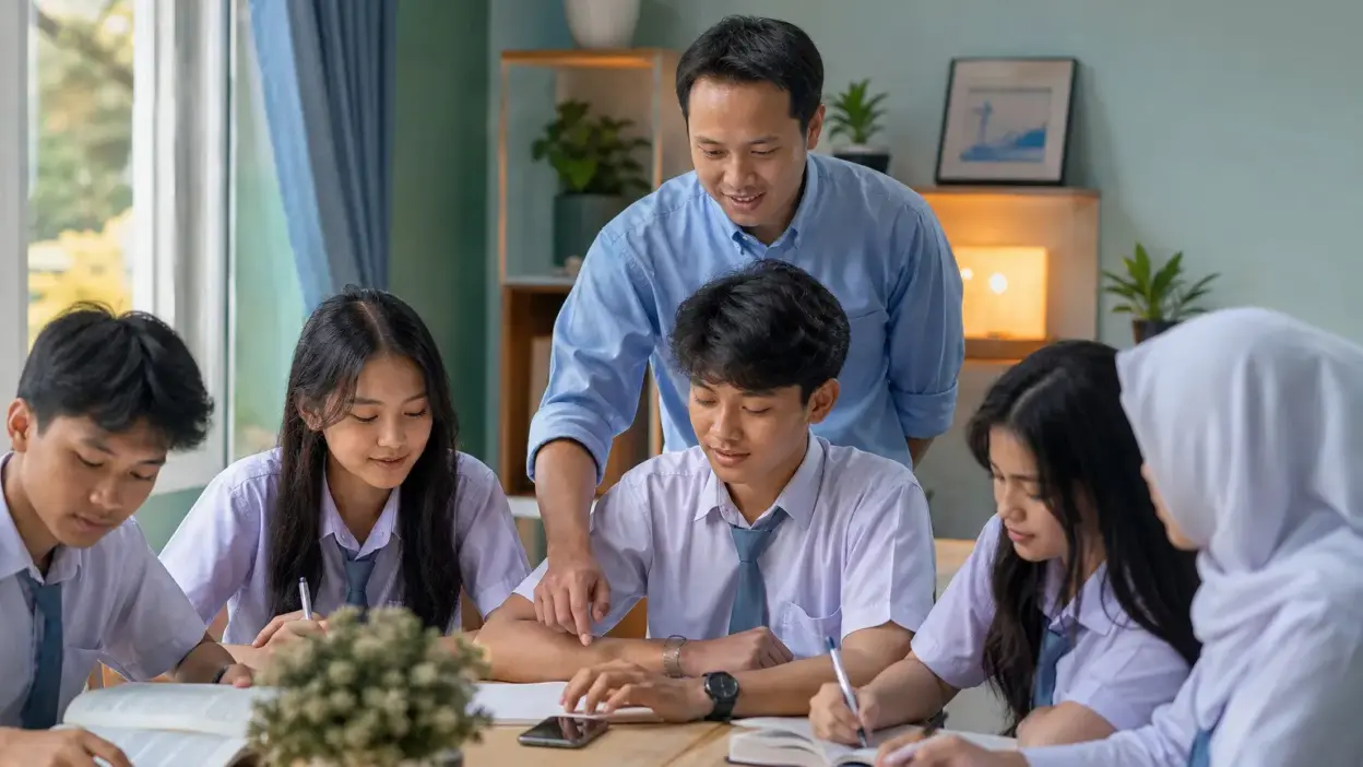 Siswa SMA Indonesia belajar di kelas sambil mengatur penggunaan gawai untuk menjaga motivasi belajar
