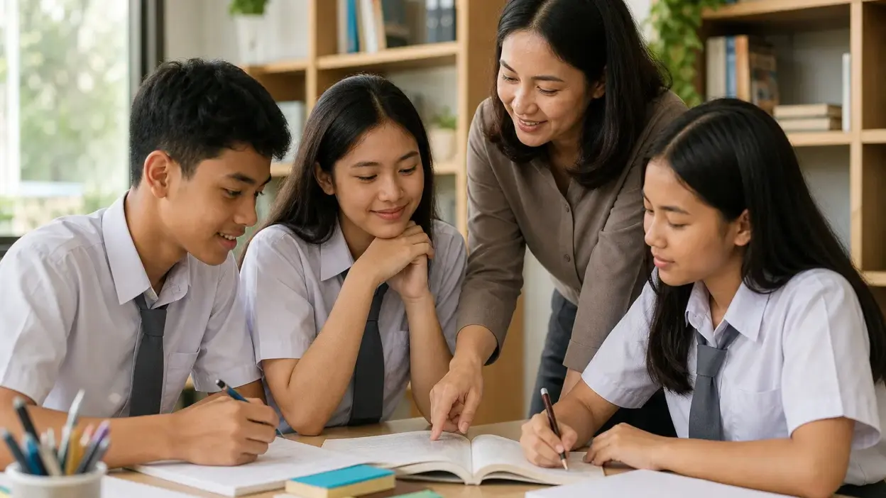 Siswa fokus belajar di meja dengan ponsel dijauhkan untuk menjaga motivasi belajar di era brain rot digital