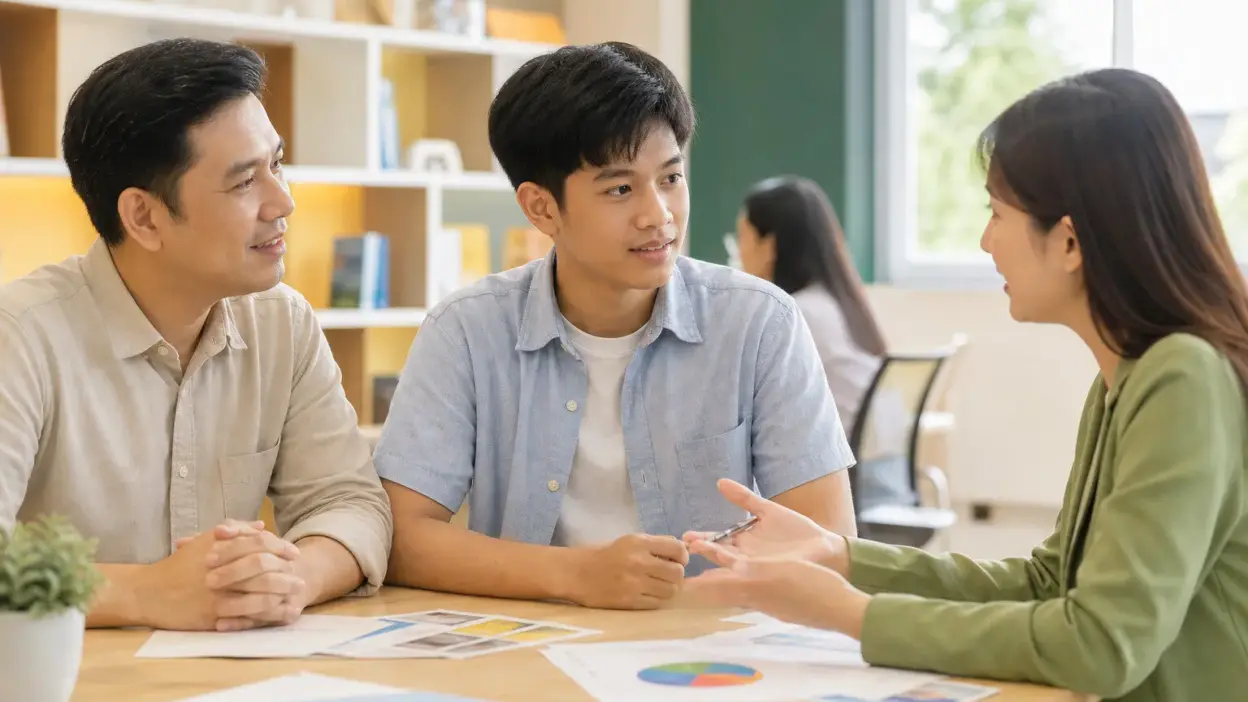 Orang tua Indonesia berdiskusi dengan remaja tentang pilihan jurusan sekolah dengan buku dan rencana belajar di meja