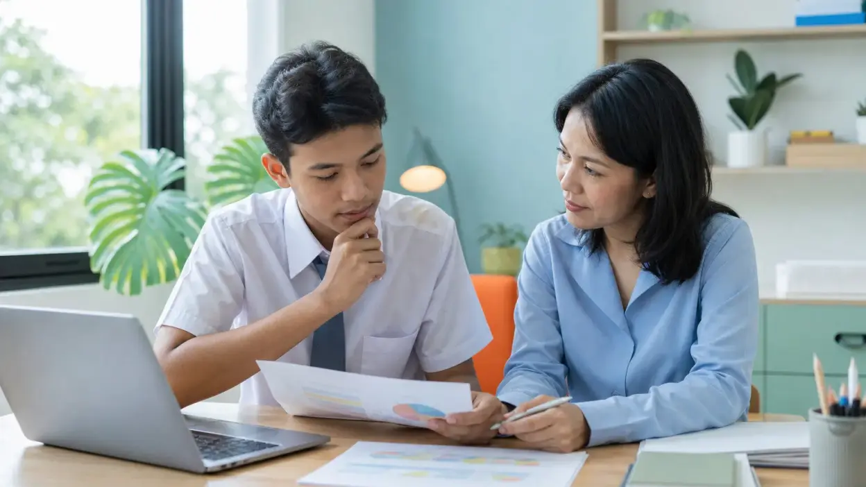 Siswa introvert SMA berdiskusi dengan guru mengenai pemilihan jurusan yang sesuai minat, bakat, dan karakter