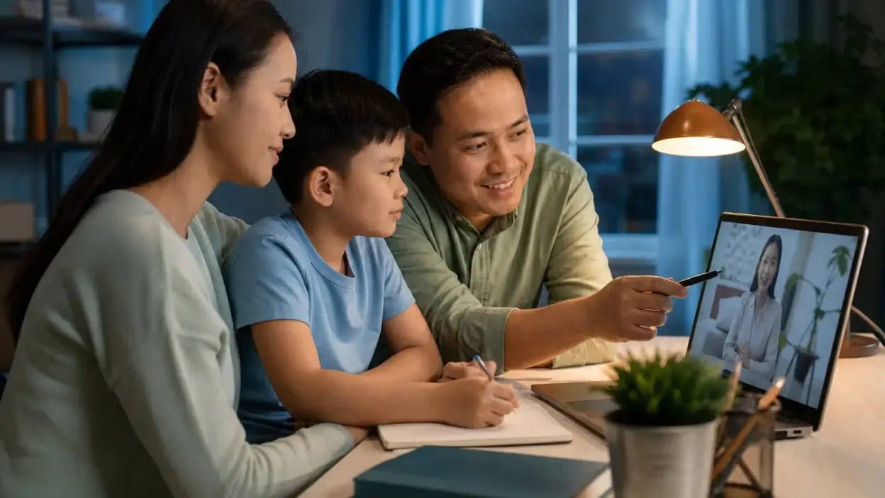 orang tua Indonesia mengikuti webinar parenting sambil mendampingi anak belajar di rumah, mencerminkan peran orang tua di era digital