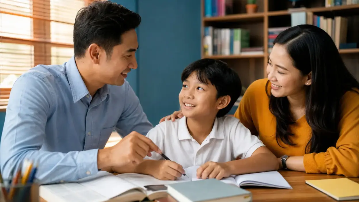 Orang tua Indonesia duduk mendengarkan cerita anak sekolah dasar di ruang keluarga sebagai peran orang tua mendukung kesehatan mental siswa