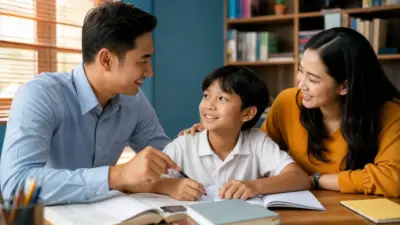 Orang tua Indonesia duduk mendengarkan cerita anak sekolah dasar di ruang keluarga sebagai peran orang tua mendukung kesehatan mental siswa