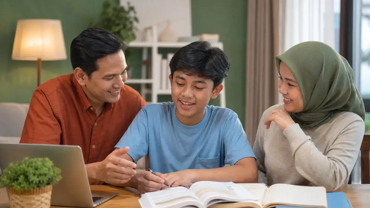 Orang tua mendampingi remaja belajar di meja belajar sebagai peran orang tua yang mendukung motivasi belajar