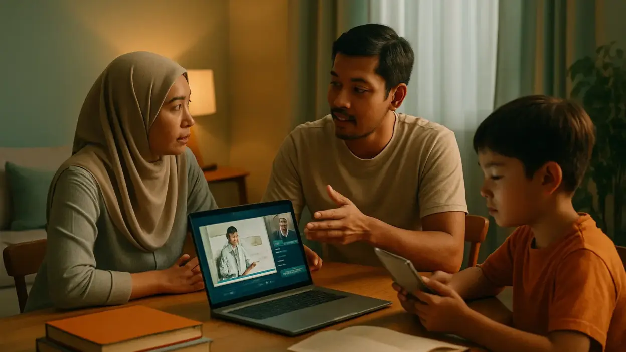 Orang tua Indonesia mengikuti webinar parenting di laptop sambil mendampingi anak belajar di era digital, mencerminkan peran orang tua yang aktif