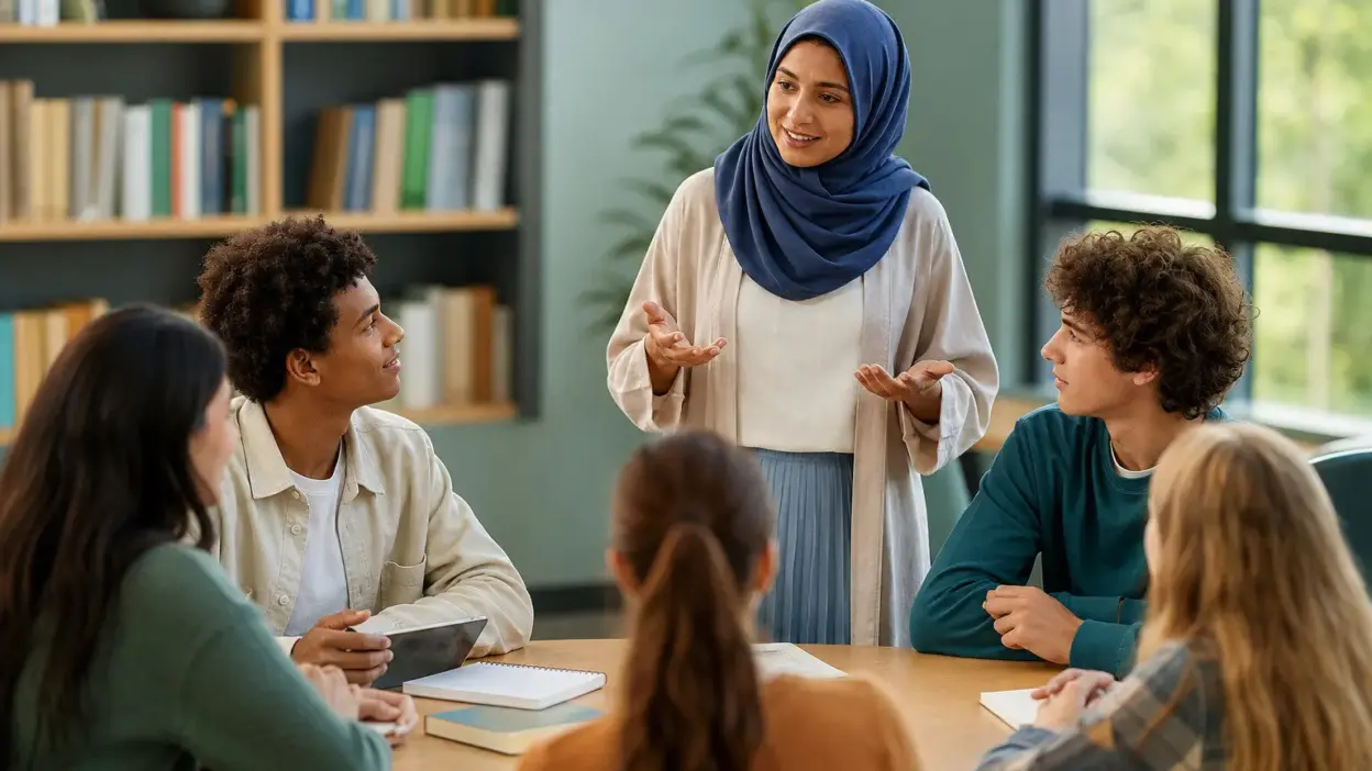 Guru membimbing siswa di kelas dengan pendekatan psikologi pendidikan untuk membangun iklim akademik Islami yang hangat dan positif