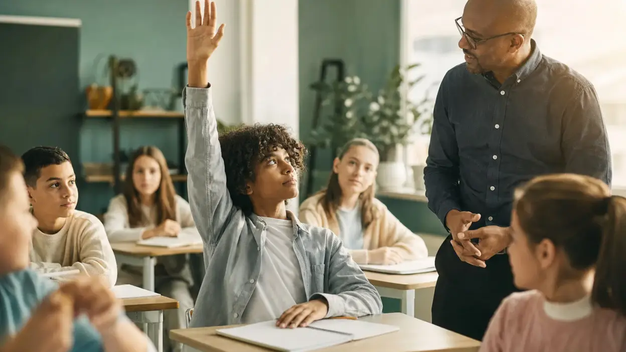 Guru membantu siswa yang mengangkat tangan bertanya di kelas dalam suasana belajar positif berbasis psikologi pendidikan