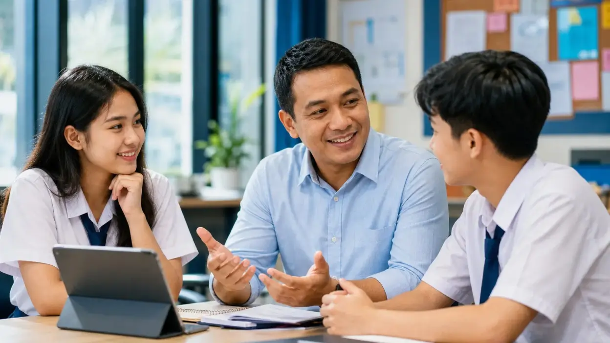 Guru dan siswa berdiskusi hangat di kelas dengan pendekatan psikologi pendidikan untuk membangun relasi positif