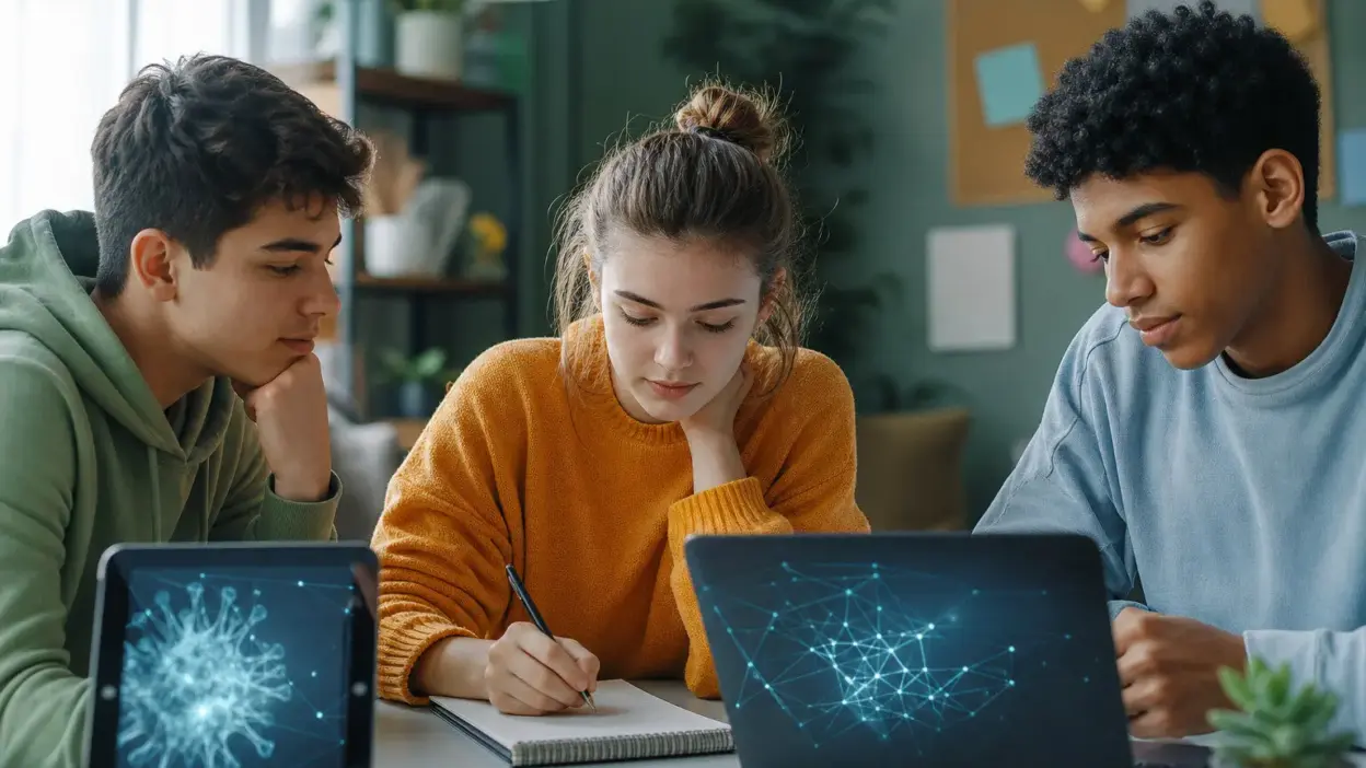 Sekelompok remaja Gen Z belajar di meja menggunakan laptop dengan bantuan AI sambil tetap mencatat dan berpikir mandiri, mencerminkan psikologi remaja dalam belajar