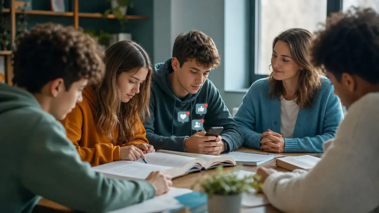 Remaja Gen Z belajar di kelas bersama guru sambil mengelola FOMO digital dan psikologi remaja