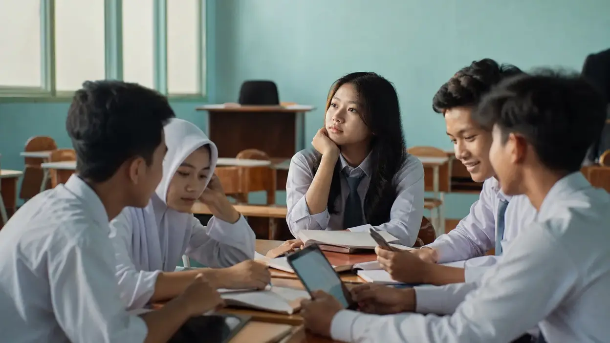 Siswa SMA berdiskusi di kelas sambil menunggu guru, menggambarkan psikologi remaja saat menghadapi kekurangan guru di sekolah