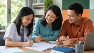 Siswa Indonesia belajar di kelas modern menggunakan tablet dan menulis tangan di notebook dengan bimbingan guru